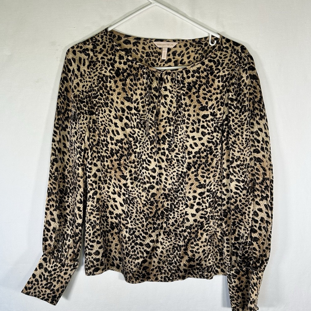 Rebecca Taylor Lynx Leopard Print 100% Silk Blouse Top Long Sleeve Size 2